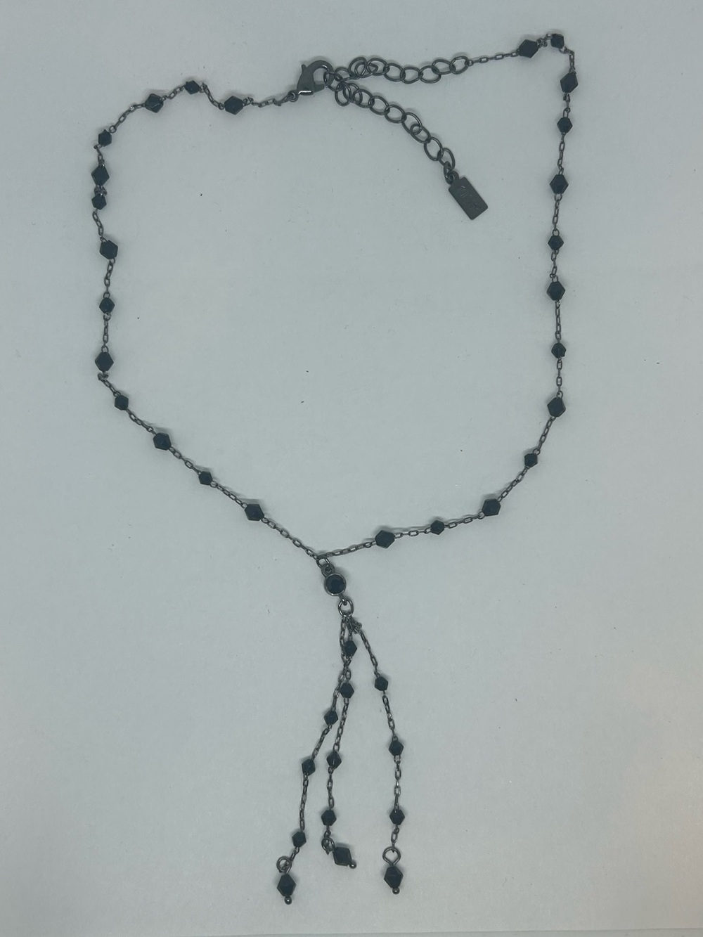 1928 Black Glass Beaded Y-Drop Pendant Necklace Cable Chain Lobster Clasp